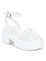 White PU Perspex Cleated Bottom Ankle Strap Platform Block Heels