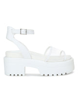 White PU Perspex Cleated Bottom Ankle Strap Platform Block Heels