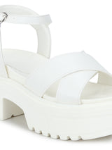 White PU Perspex Cleated Bottom Ankle Strap Platform Block Heels