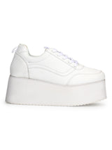 White PU Lace-Up Flatform Sneakers