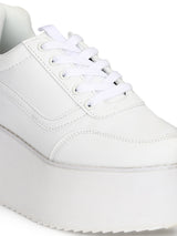 White PU Lace-Up Flatform Sneakers