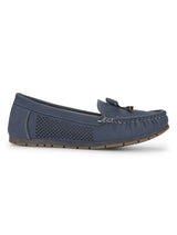 Navy Blue PU Loafers With Bow