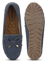Navy Blue PU Loafers With Bow
