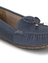 Navy Blue PU Loafers With Bow