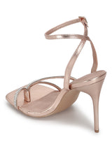 Rose Gold PU Diamante Stilettos With Slim Straps