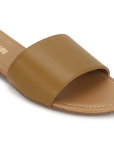 Camel PU Slide on Flat Sandals