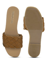 Camel PU Woven Slide On Flat Sandals