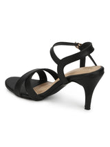 Black PU Round Toe Stilettos With Ankle Strap