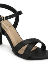 Black PU Round Toe Stilettos With Ankle Strap