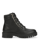 Black PU Lace Up Cleated Bottom Ankle Boots
