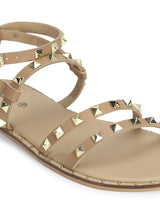 Beige PU Studded Flat Sandals