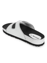 White PU Slips Ons With Front Straps