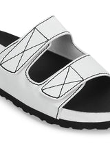 White PU Slips Ons With Front Straps