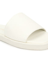 White PU Wide Strap Slides