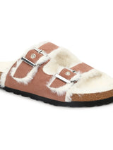 Nude Furry Cork Sandals With Buckle