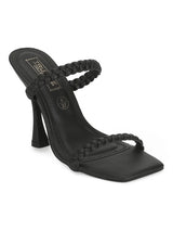Black PU Stiletto Heel Braided Mules