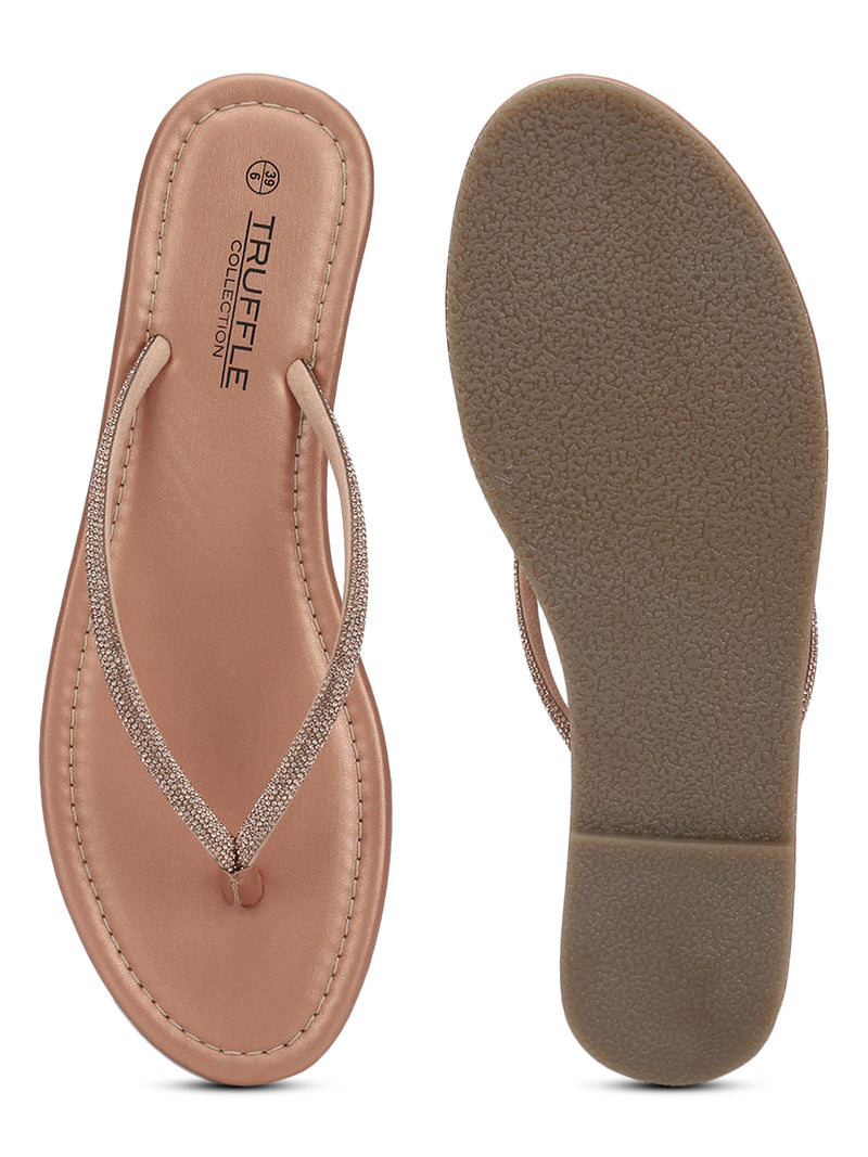 Rose Gold PU Diamanté T-Strap Flats (TC-100507-RGLD)
