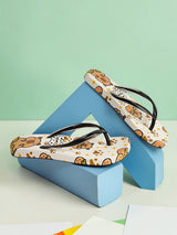 White Rubber Printed T-Strap Flip Flops Flats (TC-233-37-WHT)