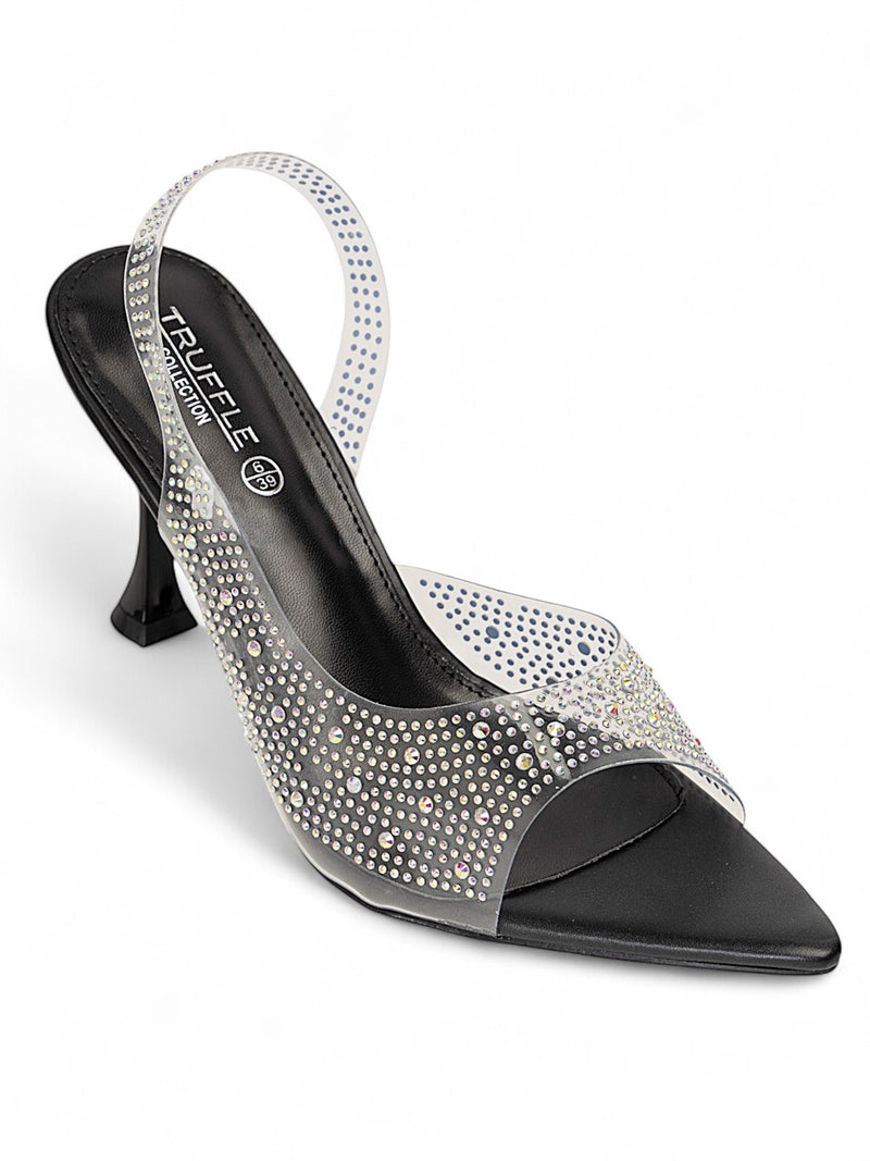 Black Synthetic Leather Perspex Diamanté Stiletto Heels (TC-23607-1-BLK)