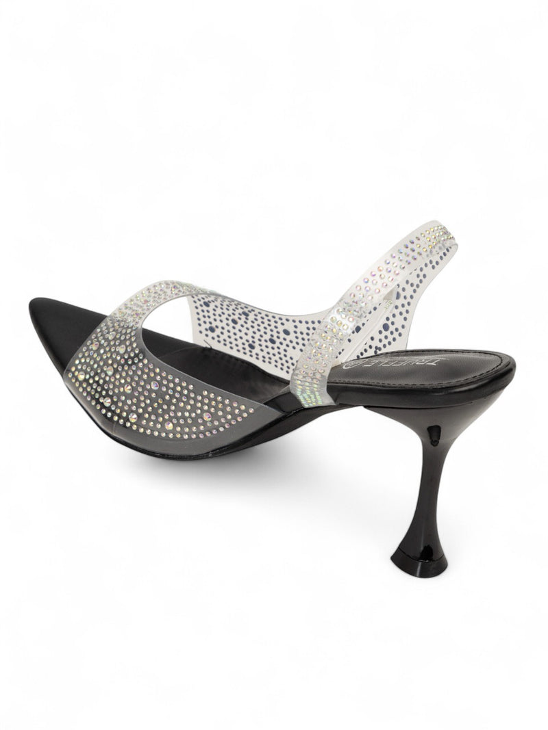 Black Synthetic Leather Perspex Diamanté Stiletto Heels (TC-23607-1-BLK)