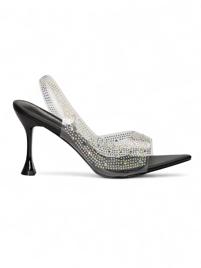 Black Synthetic Leather Perspex Diamanté Stiletto Heels (TC-23607-1-BLK)