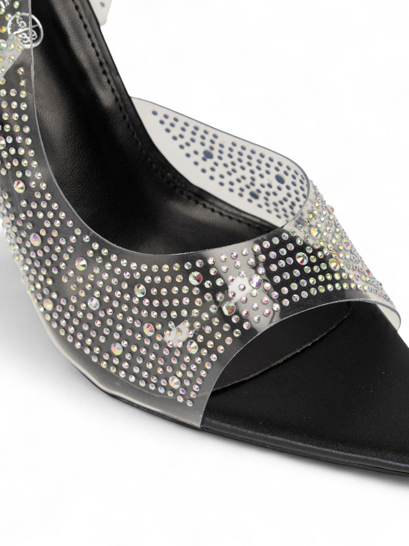 Black Synthetic Leather Perspex Diamanté Stiletto Heels (TC-23607-1-BLK)