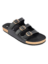 Black Synthetic Leather Cork-Latex Footbed Flat Sliders (TC-261104-BLK)