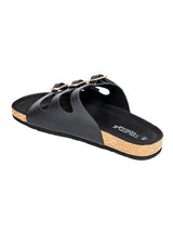 Black Synthetic Leather Cork-Latex Footbed Flat Sliders (TC-261104-BLK)