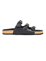Black Synthetic Leather Cork-Latex Footbed Flat Sliders (TC-261104-BLK)