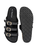 Black Synthetic Leather Cork-Latex Footbed Flat Sliders (TC-261104-BLK)