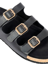 Black Synthetic Leather Cork-Latex Footbed Flat Sliders (TC-261104-BLK)