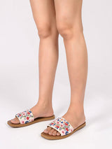 Beige Fabric Embellished Open Toe Flats (TC-261107-BEIG)