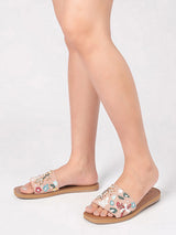 Pink Fabric Embellished Open Toe Flats (TC-261109-PNK)