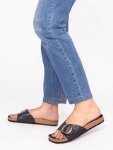 Black Synthetic Leather Cork-Latex Footbed Flat Sliders (TC-261113-BLK)