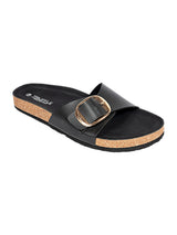 Black Synthetic Leather Cork-Latex Footbed Flat Sliders (TC-261113-BLK)