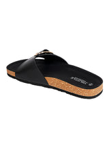 Black Synthetic Leather Cork-Latex Footbed Flat Sliders (TC-261113-BLK)