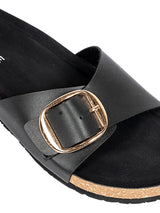 Black Synthetic Leather Cork-Latex Footbed Flat Sliders (TC-261113-BLK)