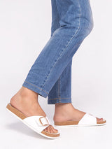 White Synthetic Leather Cork-Latex Footbed Flat Sliders (TC-261113-WHT)