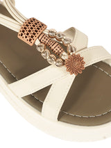 Beige Synthetic Leather Embellished Floral Accents Flatform Sandals (TC-392-BEIG)