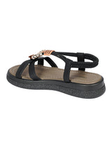 Black Synthetic Leather Embellished Floral Accents Flatform Sandals (TC-392-BLK)