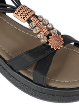 Black Synthetic Leather Embellished Floral Accents Flatform Sandals (TC-392-BLK)