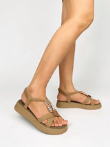 Khaki Synthetic Leather Embellished Floral Accents Flatform Sandals (TC-392-KHA)