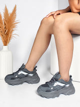 Black Mesh Metallic Silver And Texture-Blocked Overlays Chunky Sneakers (TC-5201-1-BLK)