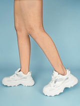 White Mesh Metallic Silver And Texture-Blocked Overlays Chunky Sneakers (TC-5201-1-WHT)