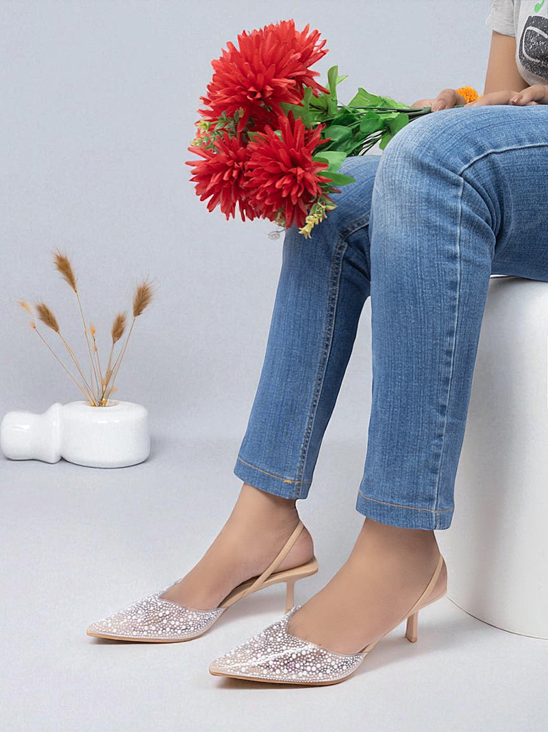 Beige Synthetic Leather Perspex Diamanté With Pearl Stiletto Heels (TC-7935-1-BEIG)