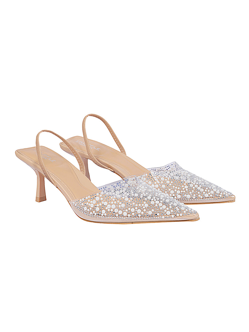 Beige Synthetic Leather Perspex Diamanté With Pearl Stiletto Heels (TC-7935-1-BEIG)