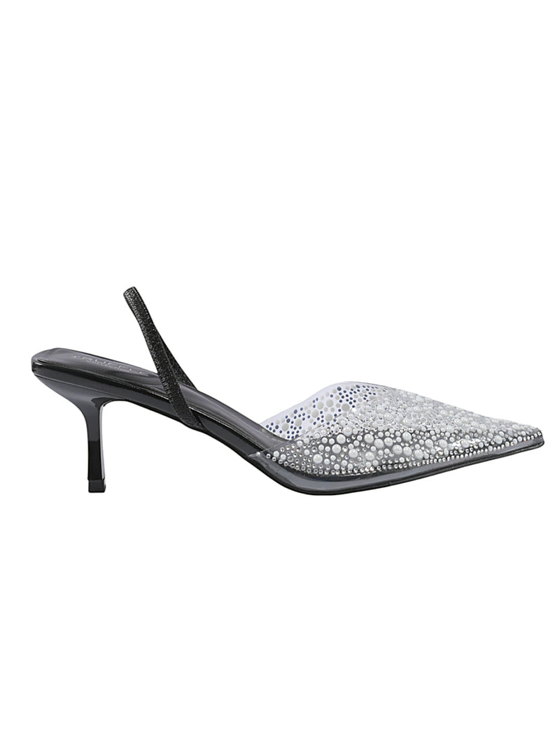 Black Synthetic Leather Perspex Diamanté With Pearl Stiletto Heels (TC-7935-1-BLK)