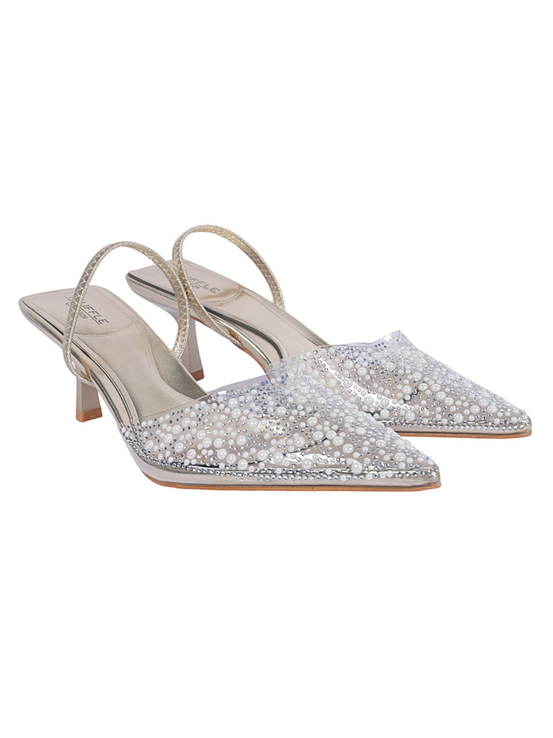 Light Gold Synthetic Leather Perspex Diamanté With Pearl Stiletto Heels (TC-7935-1-LGLD)