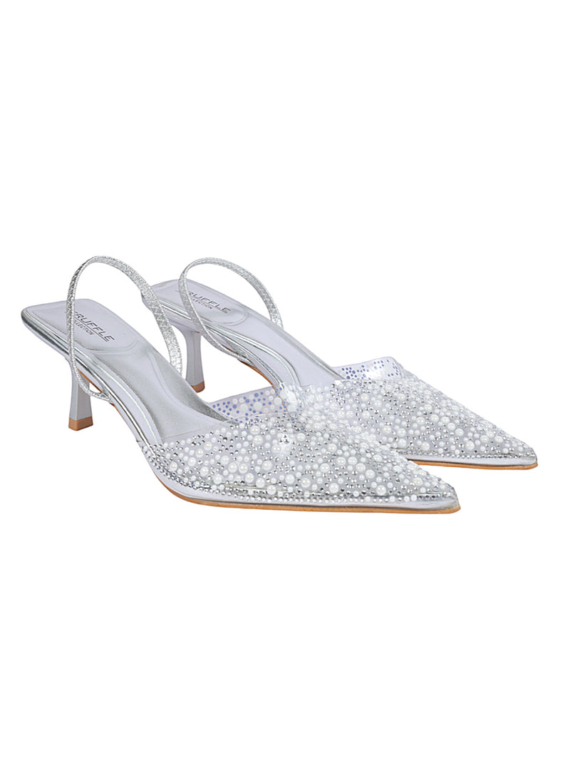 Silver Synthetic Leather Perspex Diamanté With Pearl Stiletto Heels (TC-7935-1-SIL)