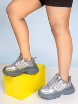 Grey Mesh Textured Overlay Design With Thick Sole Chunky Sneakers (TC-8785-4-GRY)